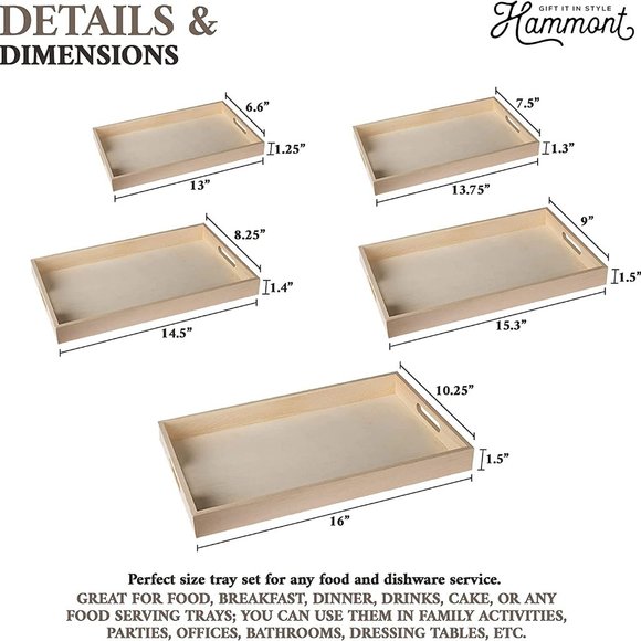 Wooden Nested Serving Trays - Five Piece Set of Rectangular Shape Wood Trays - Picture 2 of 6